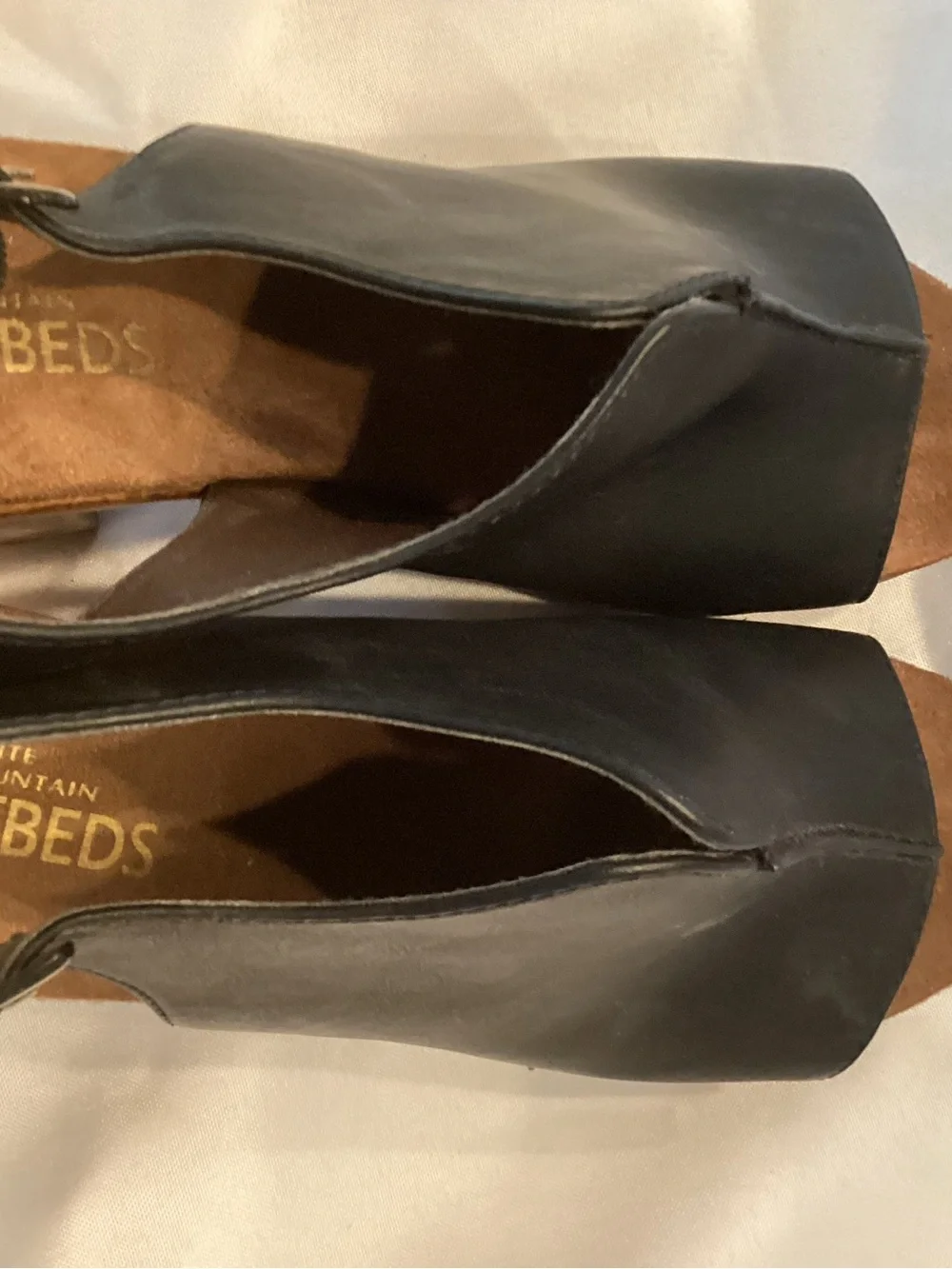 Black Leather Slingback Platform Heels with Wood-Effect Sole